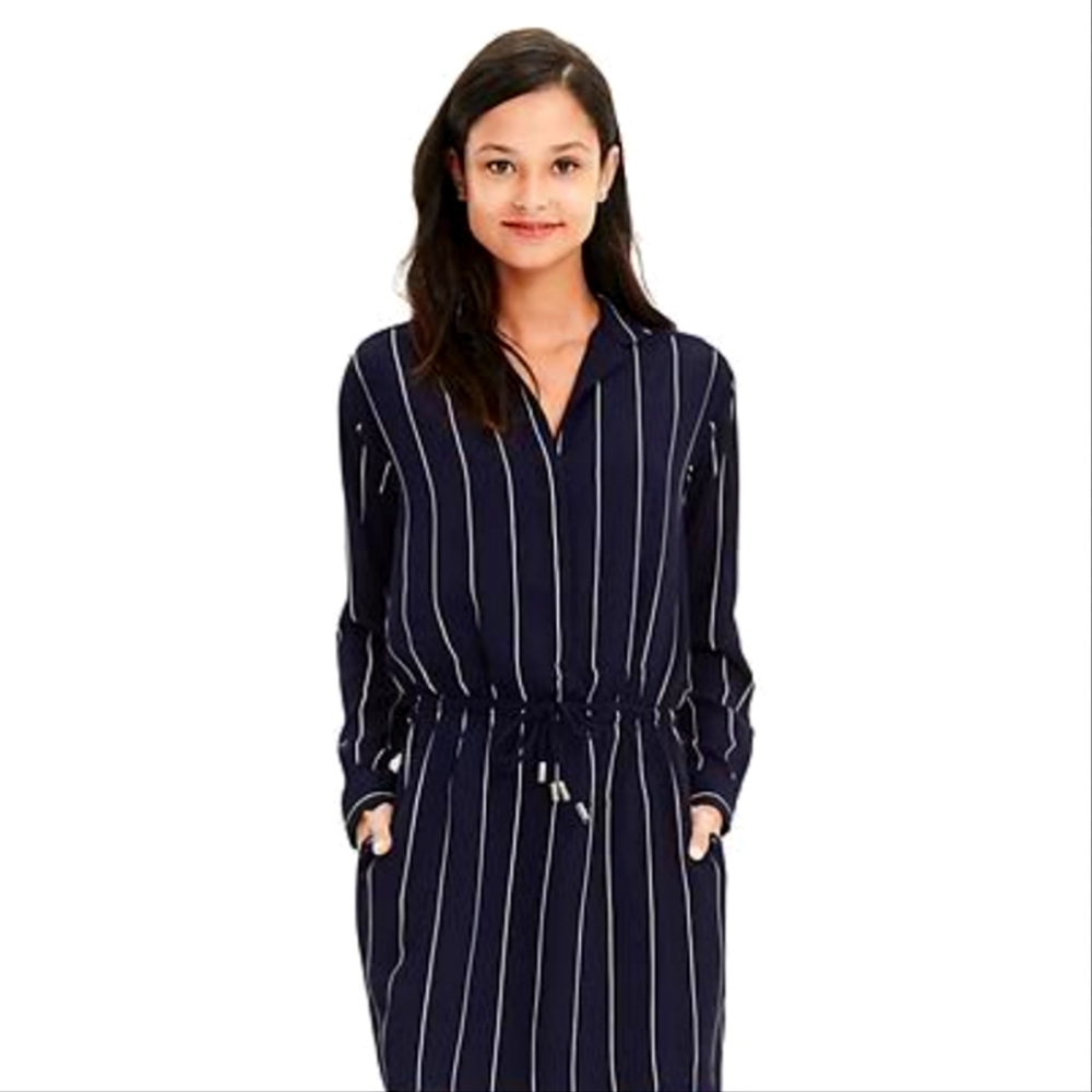BANANA REPUBLIC 8PETITE PINSTRIPE LONG SLEEVE SHIRTDRESS POCKETS TIE